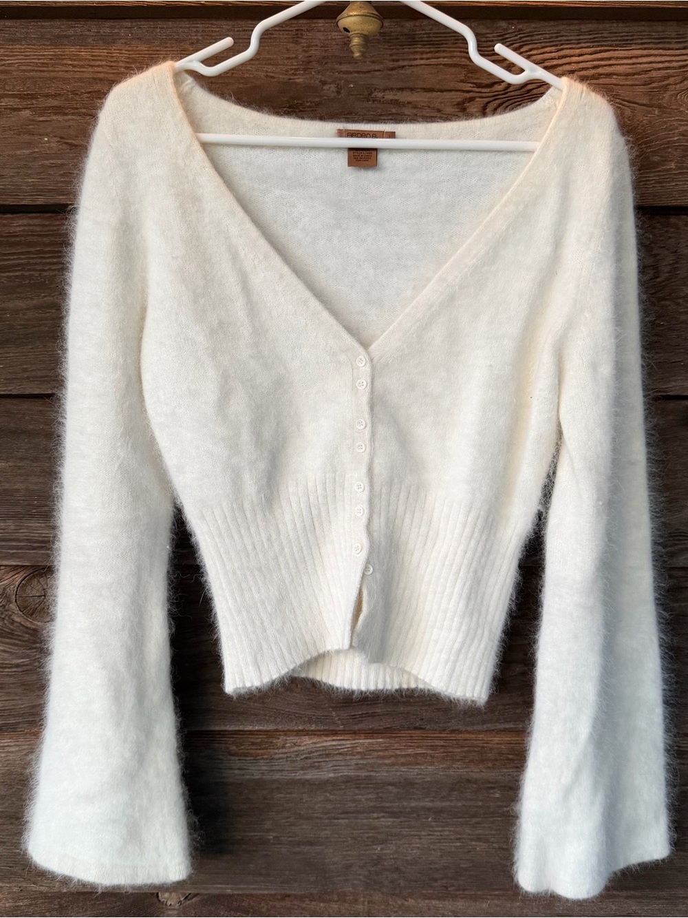VTG Arden B. Angora fur blend, deep V-Neck Fuzzy Button-Front Cardigan Sweater